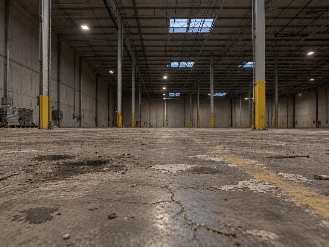 Empty warehouse with a stained, unfinished concrete slab